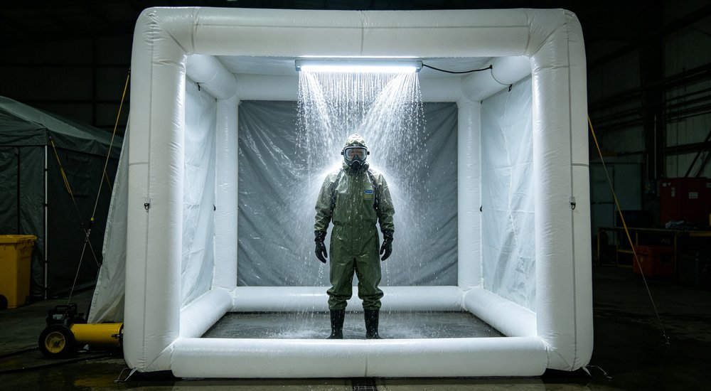 Actual field use of inflatable decontamination tent showing workers performing decontamination procedure, green grass, blue sky red and white inflatable emergency shelter for disaster relief operations