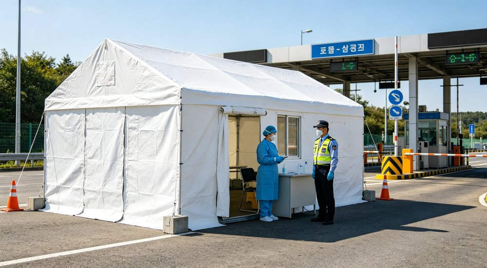 Border quarantine station with inflatable isolation tents, border control area, green grass red and white inflatable emergency shelter for disaster relief operations