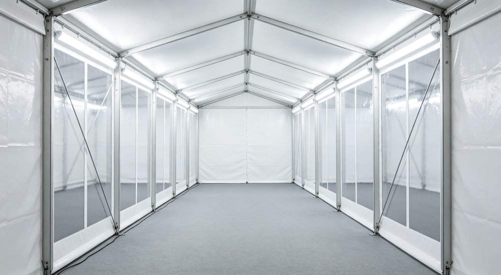 Corridor interior of modular inflatable tent system showing passage between modules, bright lighting red and white inflatable emergency shelter for disaster relief operations