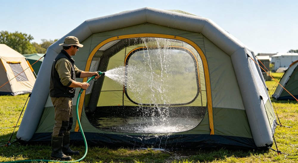Waterproof test of modular inflatable tent fabric, water resistance demonstration, product shot red and white inflatable emergency shelter for disaster relief operations