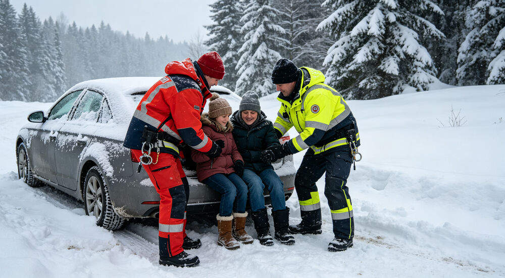 Rescue workers in heavy winter gear helping a stranded family by their snow-covered car during blizzard response