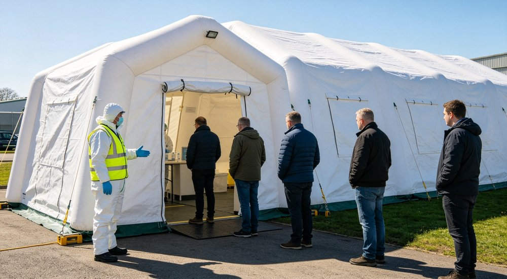 Single lane decon tent with queue of people waiting, workers in protective gear, green grass red and white inflatable emergency shelter for disaster relief operations