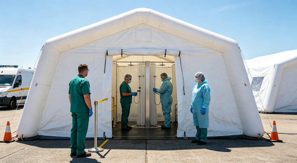 Single lane decon tent staff configuration showing worker positions, workers in protective gear red and white inflatable emergency shelter for disaster relief operations