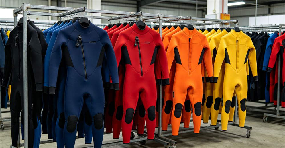 Multiple colors and styles of dry suits and wetsuits hanging on warehouse racks ready for bulk shipment and wholesale distribution