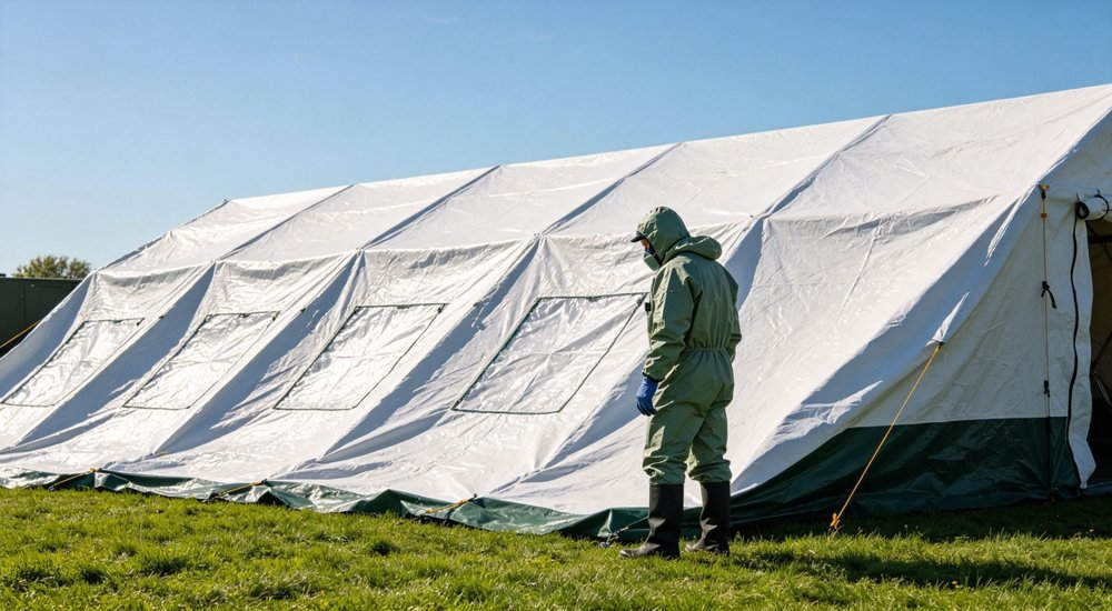 Tent drying after decon use, worker hanging PVC fabric in sun, bright daylight red and white inflatable emergency shelter for disaster relief operations