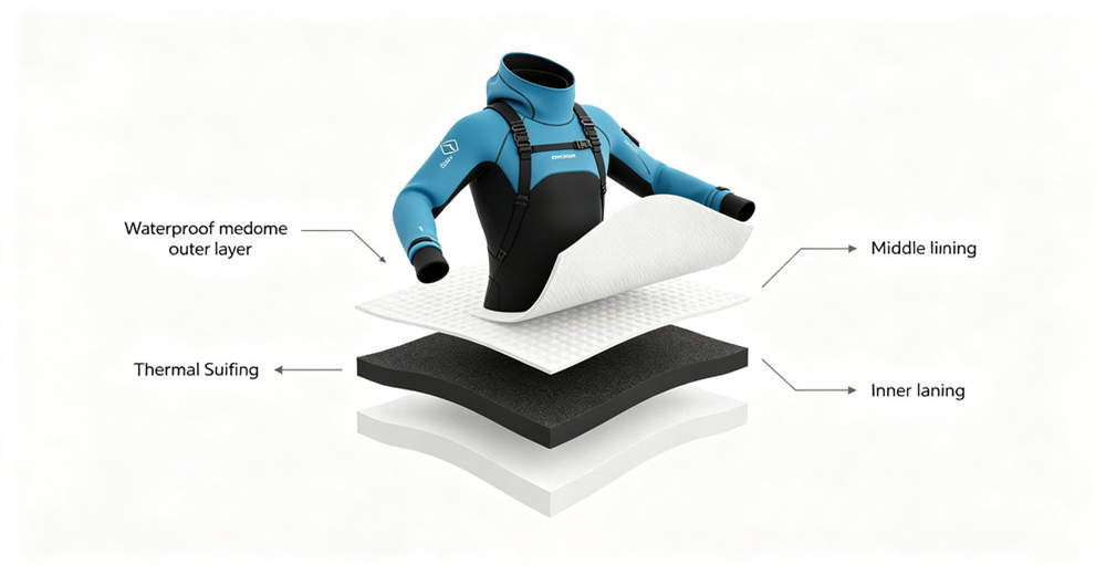 Technical cross-section diagram showing dry suit waterproof membrane layers versus wetsuit neoprene foam insulation structure. helping wholesale buyers choose the right option for their specific application