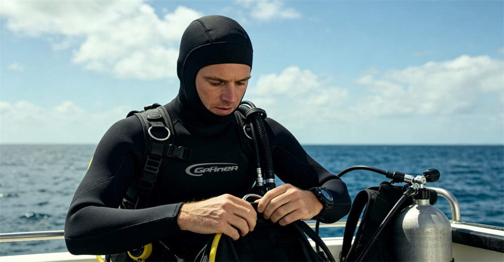 Professional diver wearing 5mm black neoprene wetsuit with hood preparing for dive from boat in open water environment. designed for recreational and professional diving in various water temperatures Professional diver wearing 5mm black neoprene wetsuit with hood preparing for dive from boat in open water environment. designed for recreational and professional diving in various water temperatures