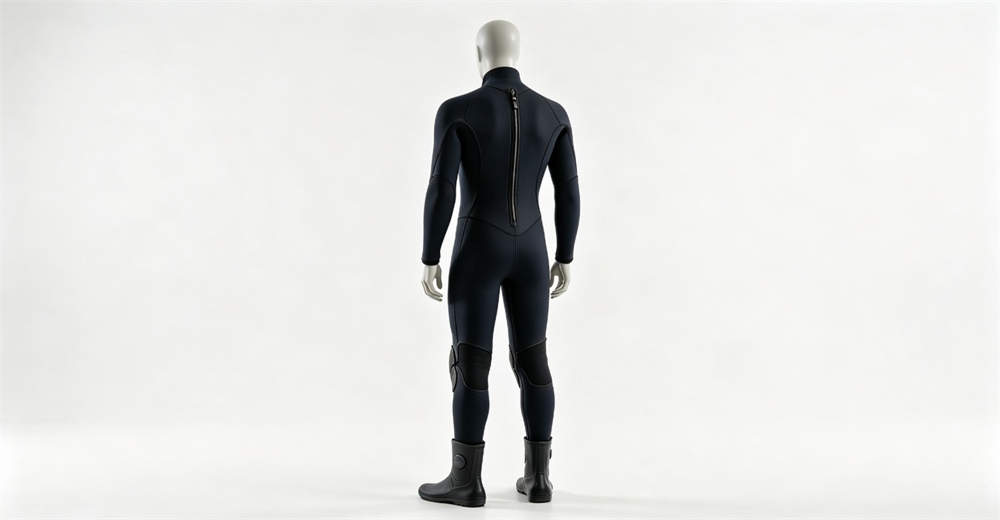 Full-body diving suit back view showing back zipper from neck to lower back and integrated boot design on mannequin display
