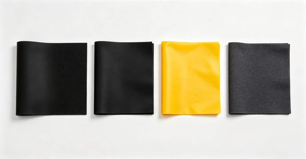 Four material swatches displayed side by side: black neoprene, trilaminate fabric, nylon shell, and polyester lining for dry suit and wetsuit Four material swatches displayed side by side: black neoprene, trilaminate fabric, nylon shell, and polyester lining for dry suit and wetsuit