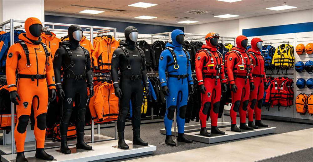 Wide showroom collection of multi-color dry suits and neoprene wetsuits arranged on racks and mannequins for wholesale buyer selection. with detailed specifications for wholesale bulk order and custom OEM supply Wide showroom collection of multi-color dry suits and neoprene wetsuits arranged on racks and mannequins for wholesale buyer selection. with detailed specifications for wholesale bulk order and custom OEM supply