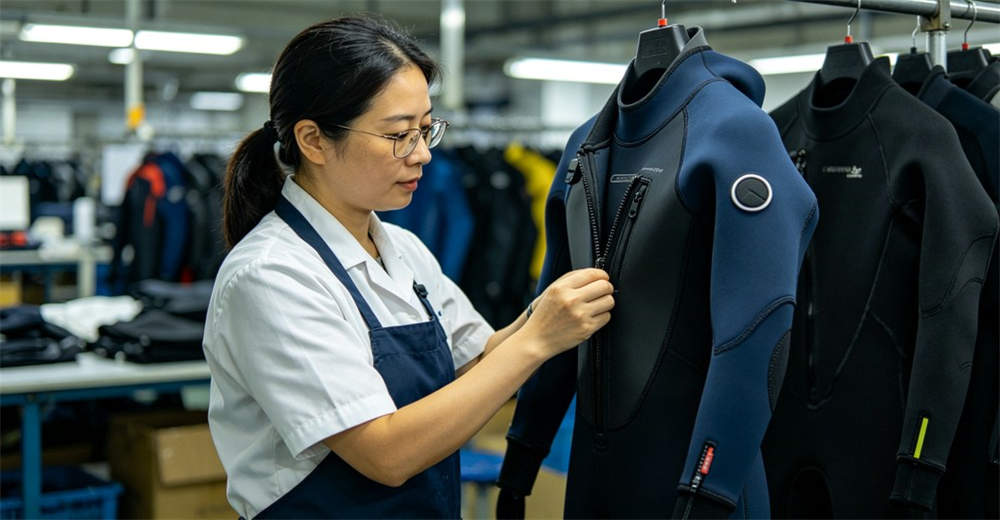 Quality control team confirming pre-production sample of custom dry suit checking stitching, logo, and measurements against client specifications. supporting OEM and ODM requirements for brand owners and wholesale distributors Quality control team confirming pre-production sample of custom dry suit checking stitching, logo, and measurements against client specifications. supporting OEM and ODM requirements for brand owners and wholesale distributors