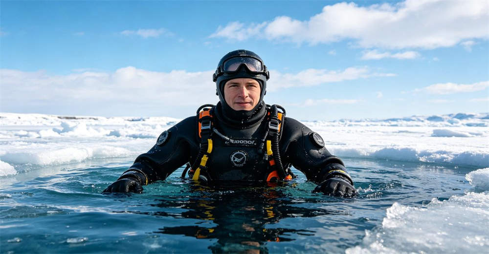 Rescue worker in dry suit performing ice water rescue in frozen lake environment demonstrating extreme cold water protection capability. engineered for professional flood rescue and cold water emergency response teams Rescue worker in dry suit performing ice water rescue in frozen lake environment demonstrating extreme cold water protection capability. engineered for professional flood rescue and cold water emergency response teams