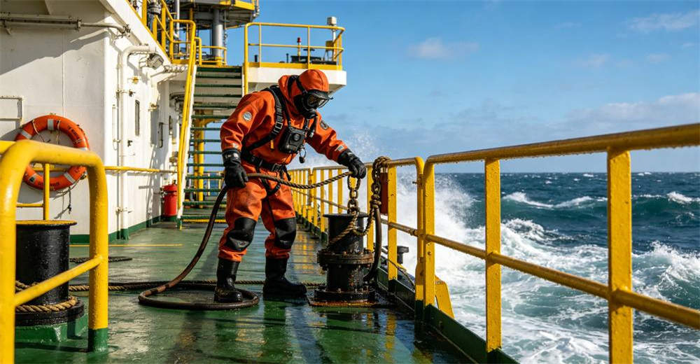 Marine offshore worker in dry suit performing maintenance on vessel deck demonstrating durable protection for saltwater and offshore environment. engineered for professional flood rescue and cold water emergency response teams