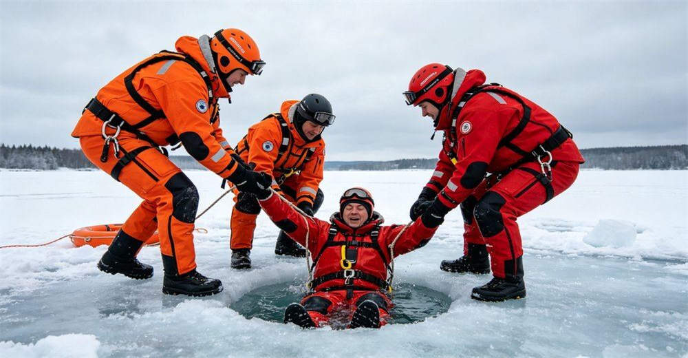 Rescue team in dry suits conducting ice water rescue operation in cold climate frozen lake with safety ropes and professional gear