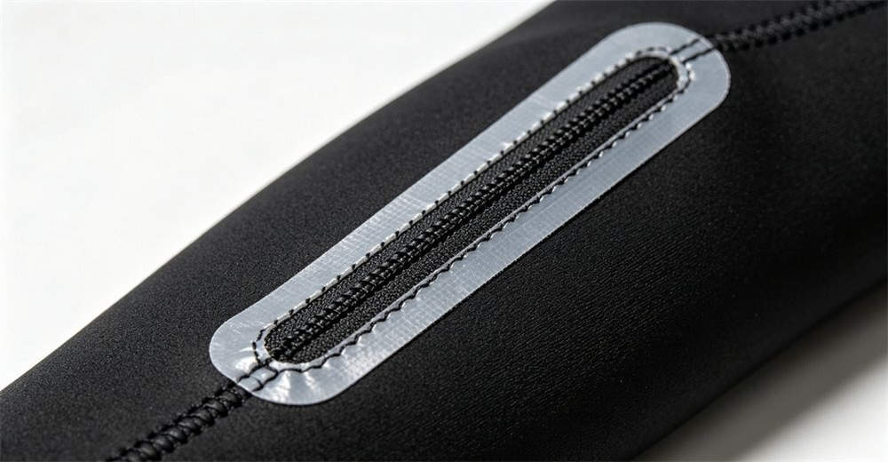Macro detail of dry suit sealed seam construction showing waterproof tape application over stitched seam for durable water barrier. critical waterproof components ensuring dry suit reliability in demanding conditions Macro detail of dry suit sealed seam construction showing waterproof tape application over stitched seam for durable water barrier. critical waterproof components ensuring dry suit reliability in demanding conditions