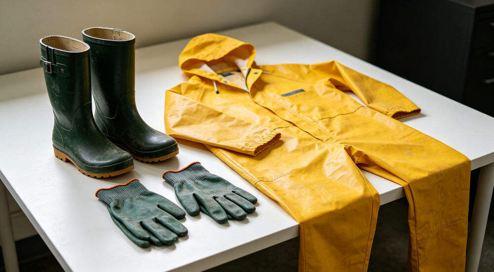 PPE set including rubber boots waterproof gloves and yellow rain suit for flood workers