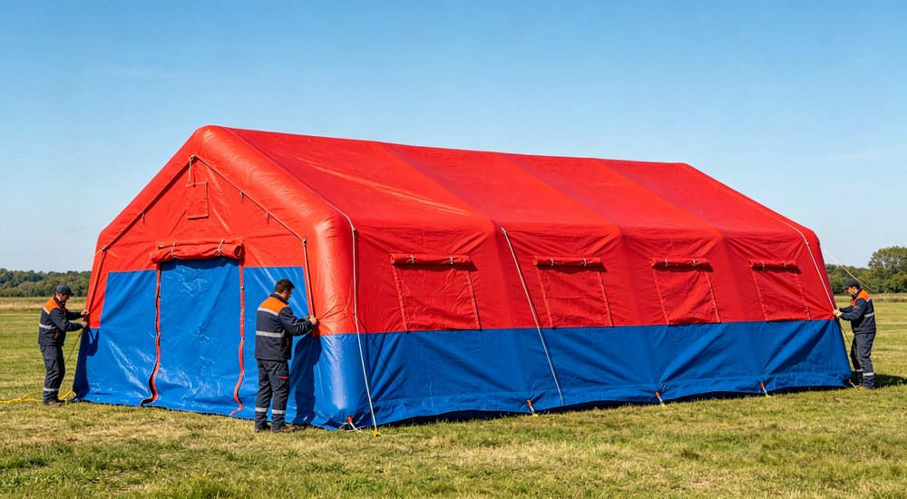 Two workers quickly setting up red and white inflatable emergency tent, 15 minute deployment, green grass, blue sky red and white inflatable emergency shelter for disaster relief operations