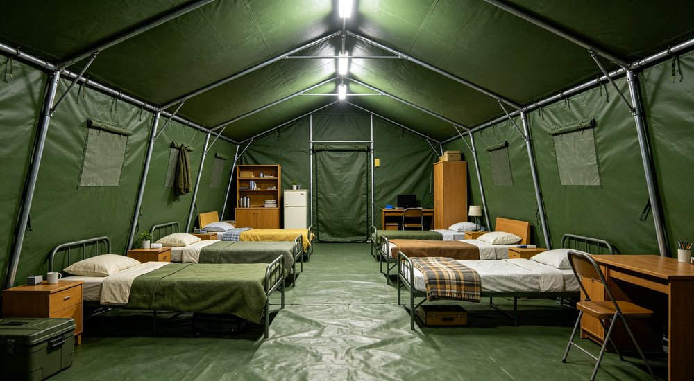 Frame tent accommodation configuration with bunk beds, bright interior red and white inflatable emergency shelter for disaster relief operations red and white inflatable emergency tent for disaster relief operations
