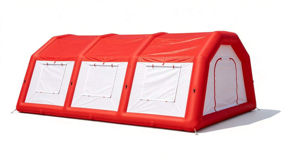 Front view of inflatable emergency tent on white background, red and white, product photography red and white inflatable emergency shelter for disaster relief operations
