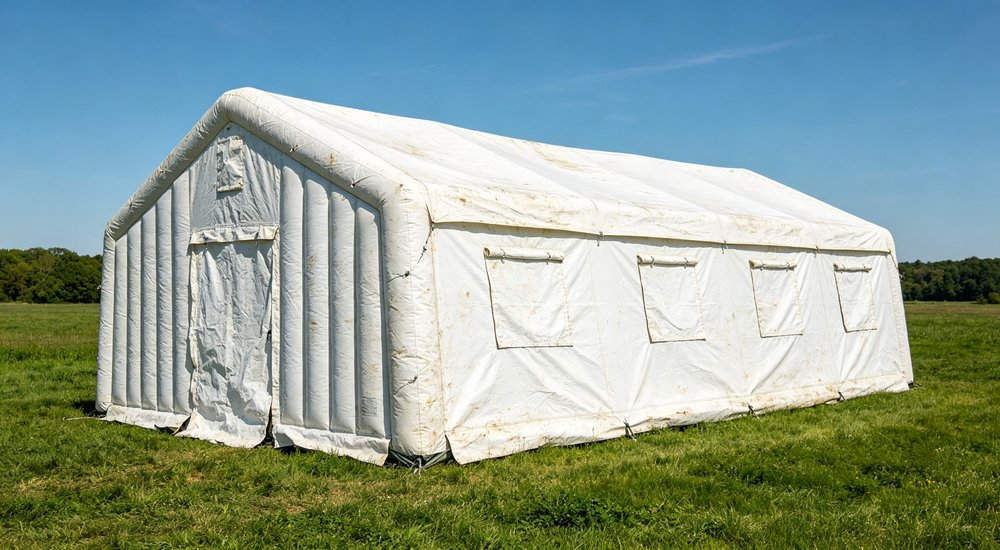 Inflatable tent condition after 6 months use showing minimal wear, green grass red and white inflatable emergency shelter for disaster relief operations