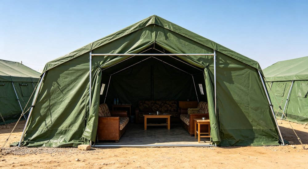 Frame tent long term installation for permanent camp, workers, green grass red and white inflatable emergency shelter for disaster relief operations