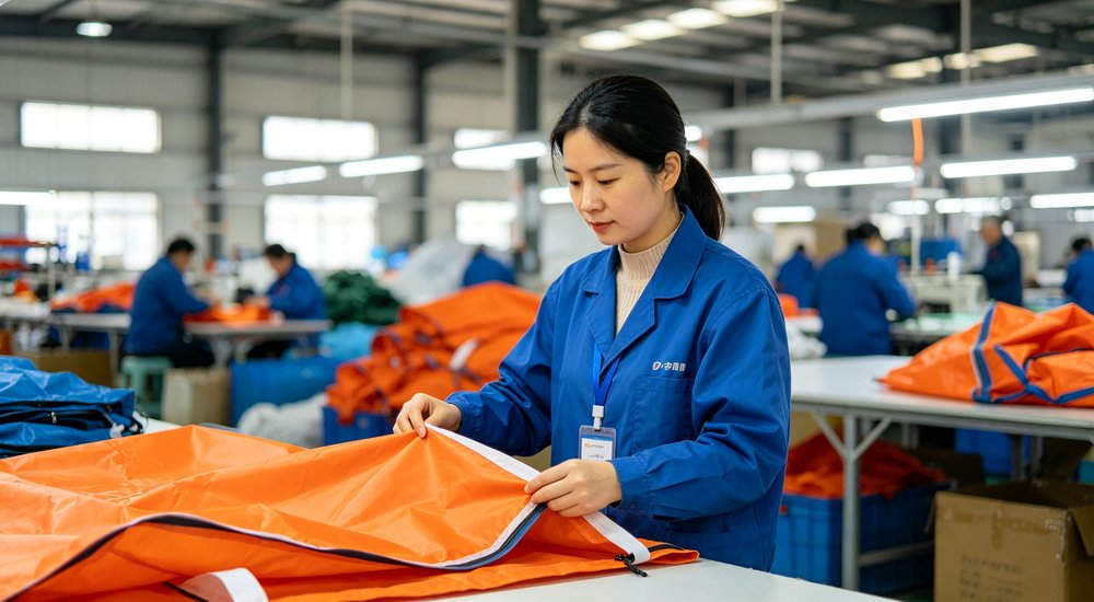 Warehouse quality control of tents showing Asian female inspector checking product, bright lighting red and white inflatable emergency shelter for disaster relief operations