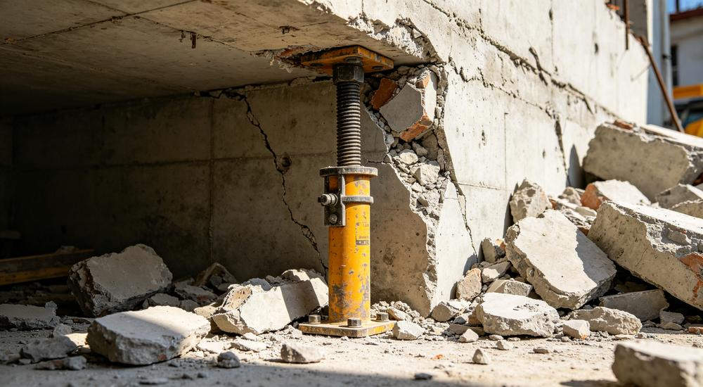 Yellow metal shoring post supporting damaged concrete wall, critical safety equipment in professional earthquake emergency kit for rescue teams Yellow metal shoring post supporting damaged concrete wall, critical safety equipment in professional earthquake emergency kit for rescue teams