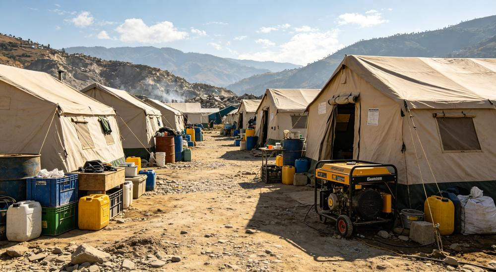 Aerial view of long term relief camp, when 72 hours become 72 days, organizations need bulk sourcing for extended earthquake response operations
