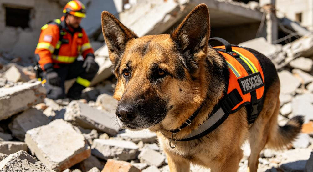 Search dog closeup wearing rescue vest, canine units work alongside human teams as part of comprehensive earthquake disaster relief operations Search dog closeup wearing rescue vest, canine units work alongside human teams as part of comprehensive earthquake disaster relief operations