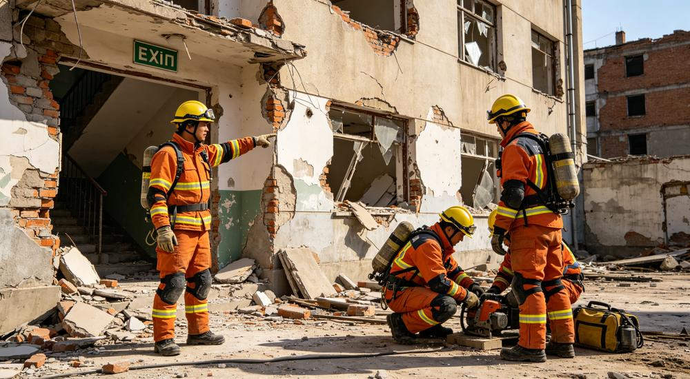 Rescue workers practicing aftershock safety, proper PPE and earthquake emergency kit keep teams safe during extended disaster response missions Rescue workers practicing aftershock safety, proper PPE and earthquake emergency kit keep teams safe during extended disaster response missions