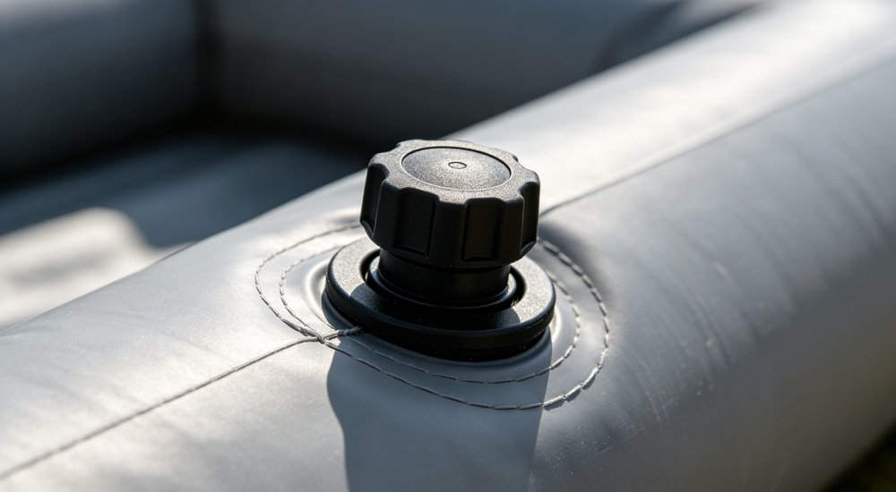Inflation valve on air beam tent, close-up detail, product shot red and white inflatable emergency shelter for disaster relief operations