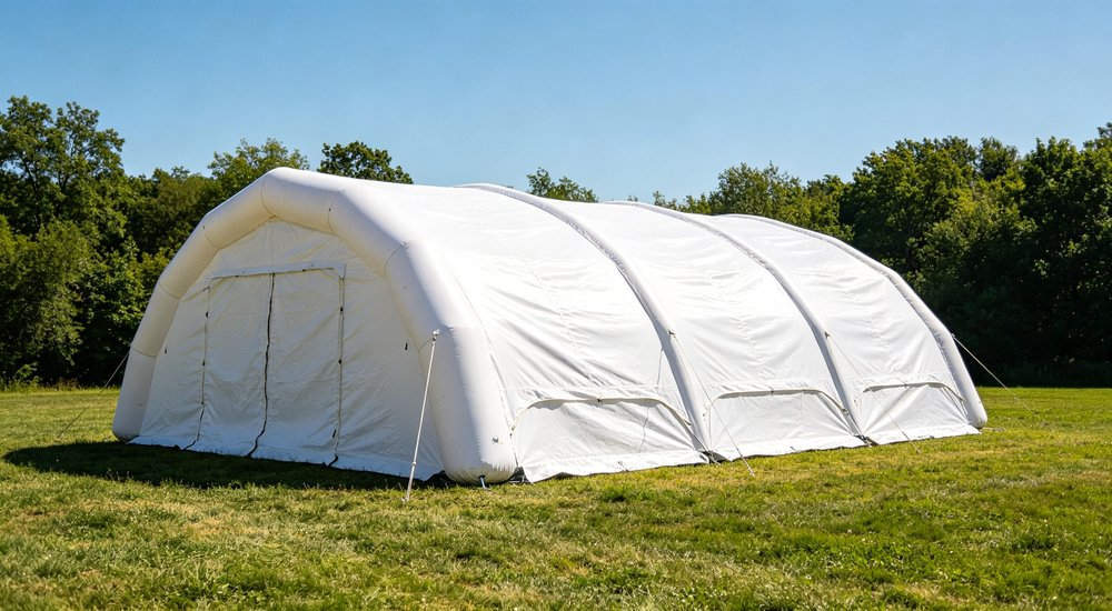 70 percent structural integrity after one chamber deflates, safety demonstration red and white inflatable emergency tent for disaster relief operations