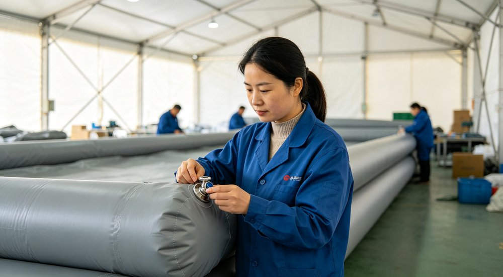 Warehouse quality control of air beam tents showing Asian female inspector checking product, bright lighting red and white inflatable emergency shelter for disaster relief operations