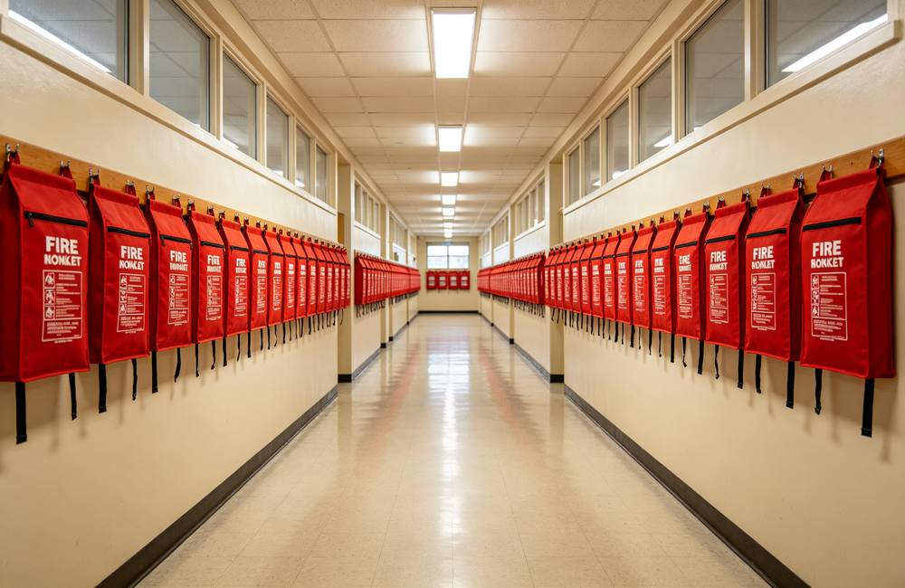 Wall mounted red fire blanket storage bags lined up in school hallway for emergency fire safety program and bulk procurement today Wall mounted red fire blanket storage bags lined up in school hallway for emergency fire safety program and bulk procurement today