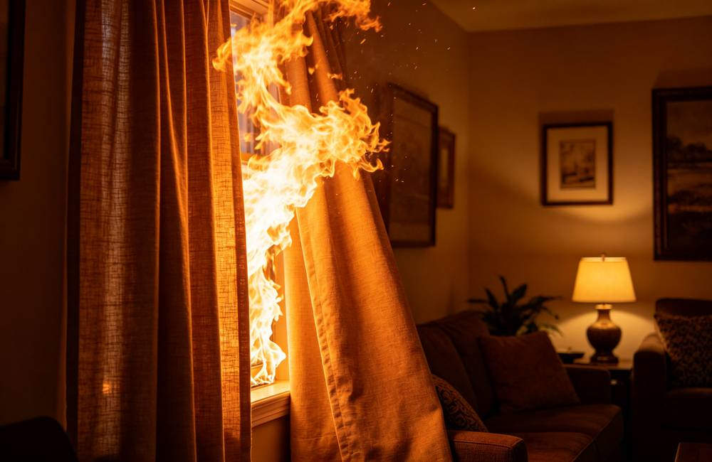 Curtain catching fire on stove top showing how quickly home kitchen fires start in real life during fire prevention awareness today Curtain catching fire on stove top showing how quickly home kitchen fires start in real life during fire prevention awareness today