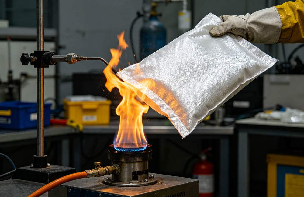 Fire blanket undergoing open flame burn test in laboratory to prove 550 degree heat resistance rating for quality assurance today Fire blanket undergoing open flame burn test in laboratory to prove 550 degree heat resistance rating for quality assurance today