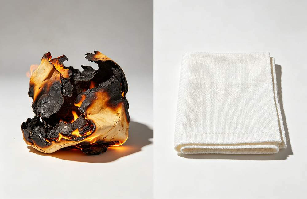 Burnt melted cheap fire blanket next to intact certified blanket showing quality comparison for bulk procurement decision today Burnt melted cheap fire blanket next to intact certified blanket showing quality comparison for bulk procurement decision today
