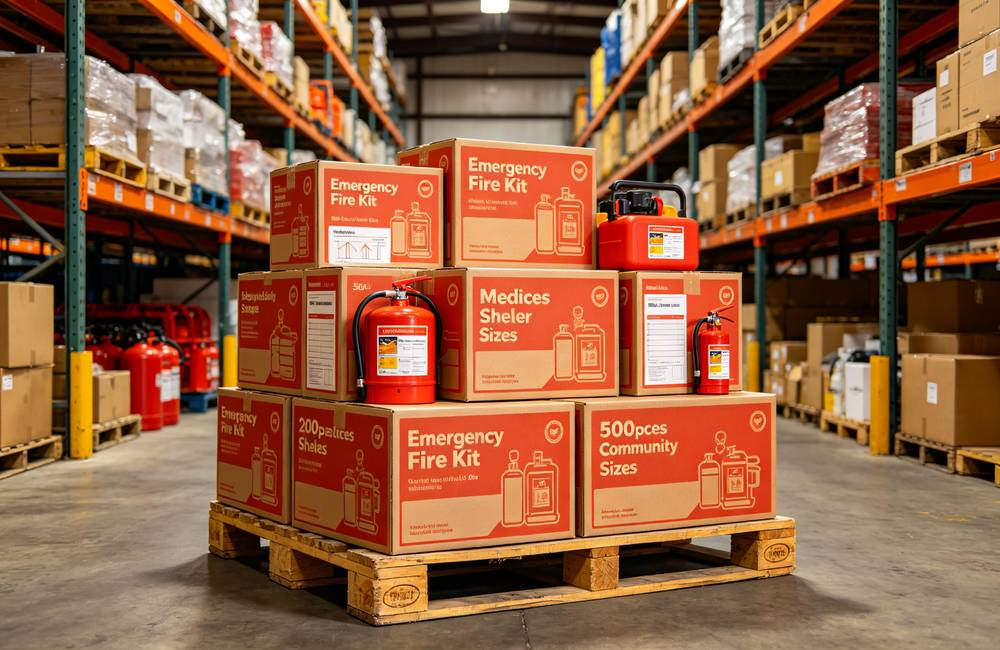 Warehouse pallet stacked with three sizes of home fire emergency kits ready for wholesale shipment to NGOs and relief organizations today Warehouse pallet stacked with three sizes of home fire emergency kits ready for wholesale shipment to NGOs and relief organizations today