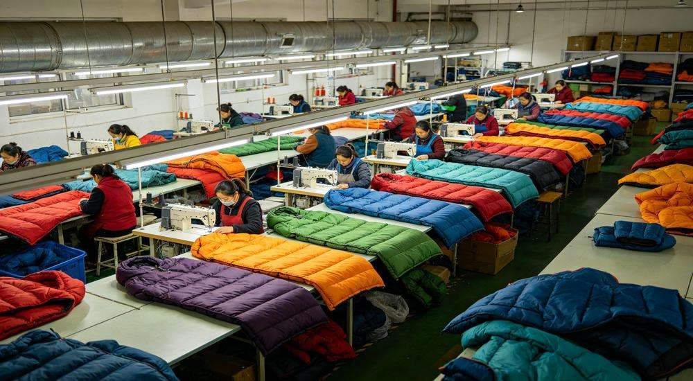 Wide angle view of sleeping bag factory production line, workers sewing colorful sleeping bags, industrial manufacturing environment, China factory Wide angle view of sleeping bag factory production line, workers sewing colorful sleeping bags, industrial manufacturing environment, China factory