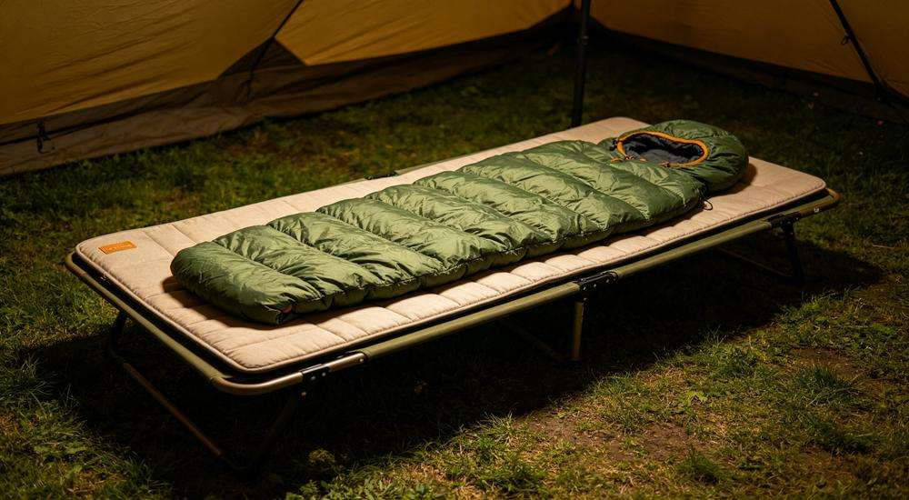Wide angle view of sleeping bag placed on camping cot and mattress, platform compatibility demonstration, indoor shelter setting