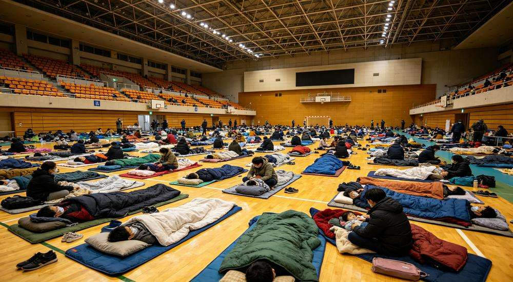 Wide angle view of emergency evacuation sports arena with families resting on sleeping bags, large indoor shelter, disaster relief accommodation