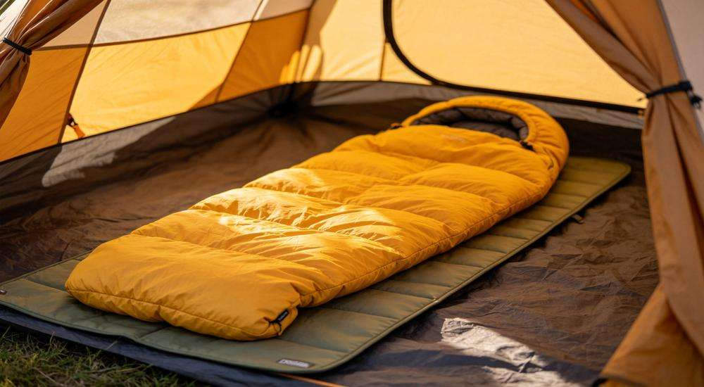 Wide angle view of person resting comfortably in sleeping bag, cozy interior view, comfort demonstration, tent setting Wide angle view of person resting comfortably in sleeping bag, cozy interior view, comfort demonstration, tent setting