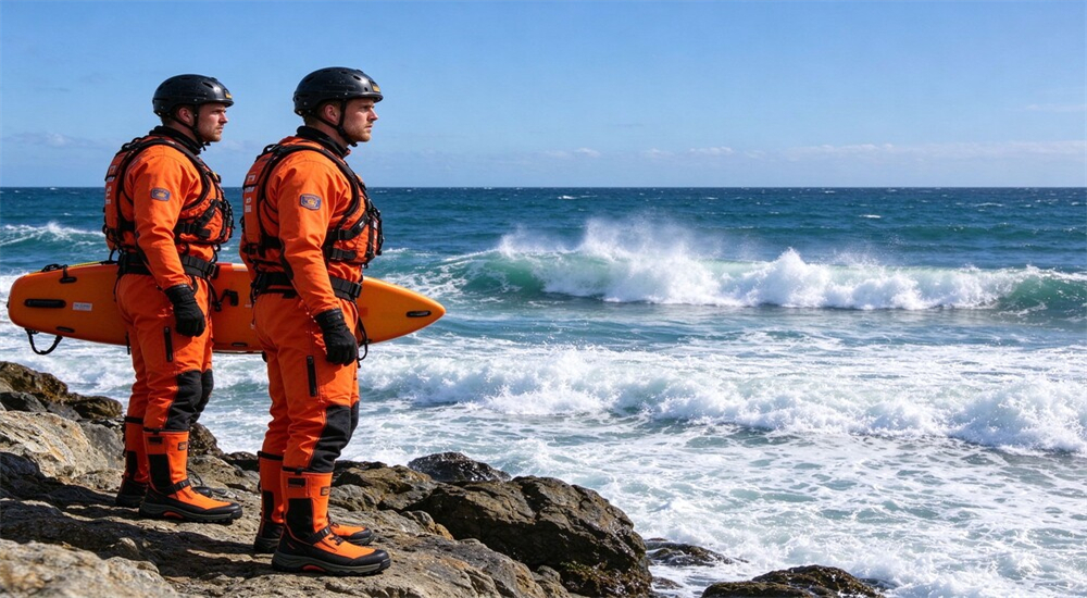 Coastal surf rescue team operating near shore wearing orange and black waterproof boots, non slip deck grip for wet boat hull and surf zone rescue