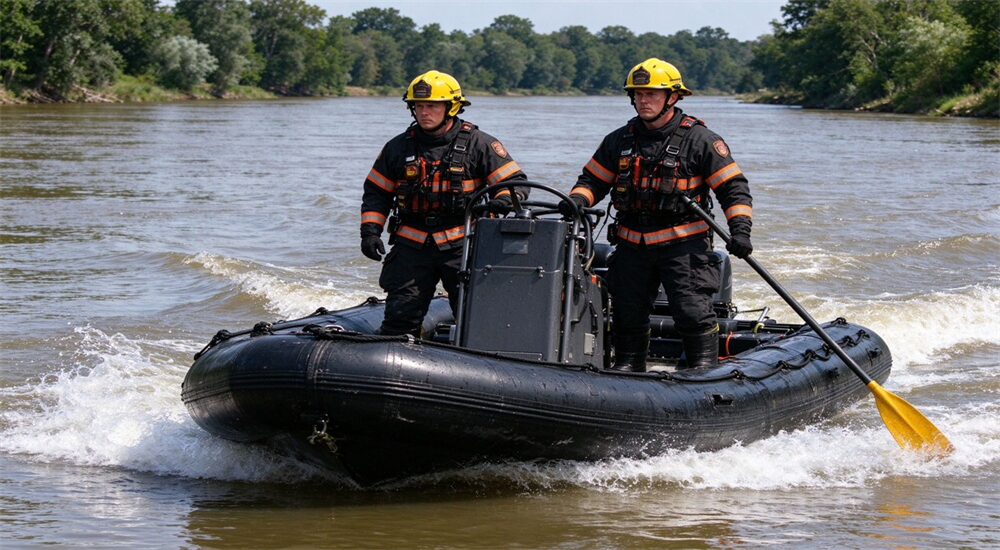 Firefighter protective boots for boat operation wearing swift water rescue boots, crew on rigid inflatable boat in flood river, fire service water response