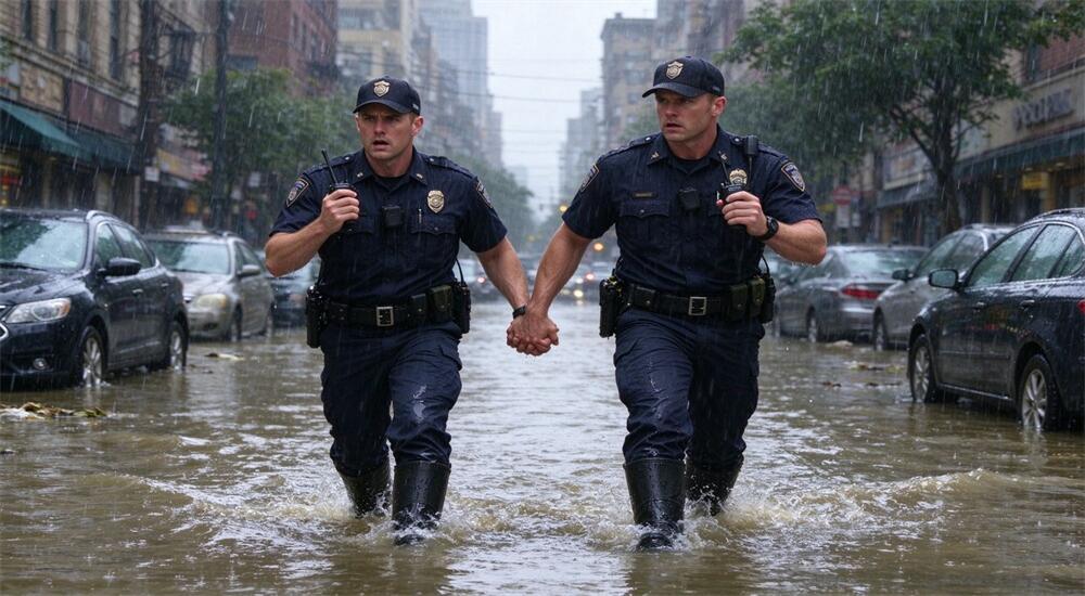 Police patrol flooded city street wearing flood response boots on duty Police patrol flooded city street wearing flood response boots on duty
