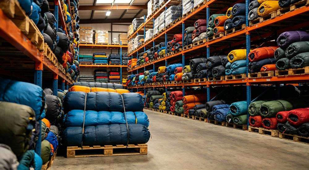 Wide angle view of wholesale sleeping bags warehouse bulk inventory stacked high on pallets logistics