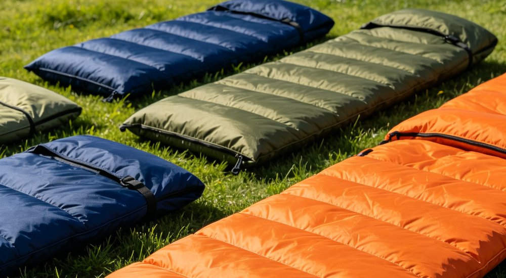 Wide angle aerial view of disaster relief sleeping bags in navy blue orange and olive green colors arranged neatly on green grass field under bright blue sky with white clouds for emergency response Wide angle aerial view of disaster relief sleeping bags in navy blue orange and olive green colors arranged neatly on green grass field under bright blue sky with white clouds for emergency response