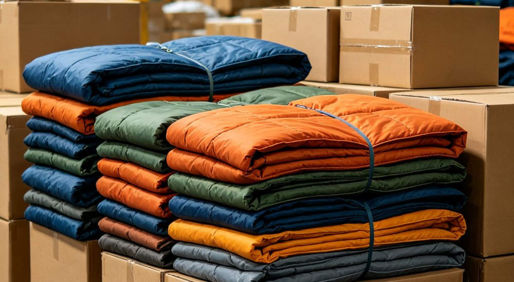 High angle warehouse view of stacks of folded disaster relief sleeping bags packed into brown cardboard boxes on wooden pallets ready for bulk shipping and international distribution logistics