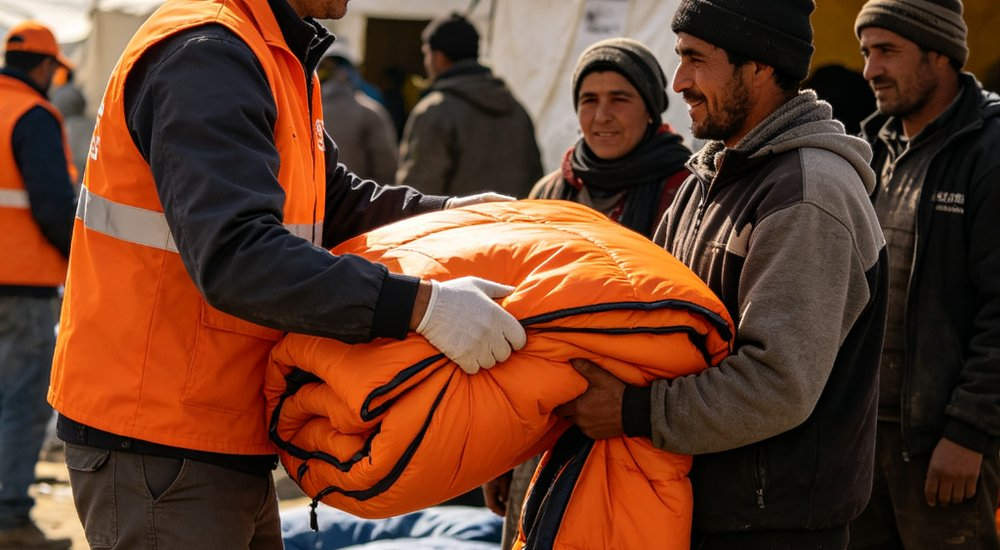 Medium shot of aid worker in bright orange safety vest distributing orange sleeping bags to people at outdoor disaster relief center with white emergency tents and blue sky in background