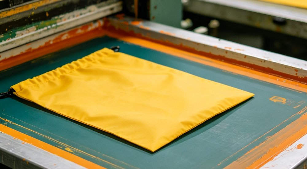 Medium shot of custom logo silk screen printing process on sleeping bag storage bag at factory production area for private label branding and institutional custom identification marking